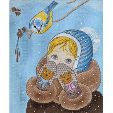 Girl and titmouse. 18.5x21 cm