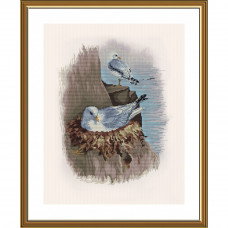 Seagulls. Set for embroidery with a cross on canvas with a background