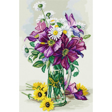 Bouquet of clematis with daisies, 50x73 cm